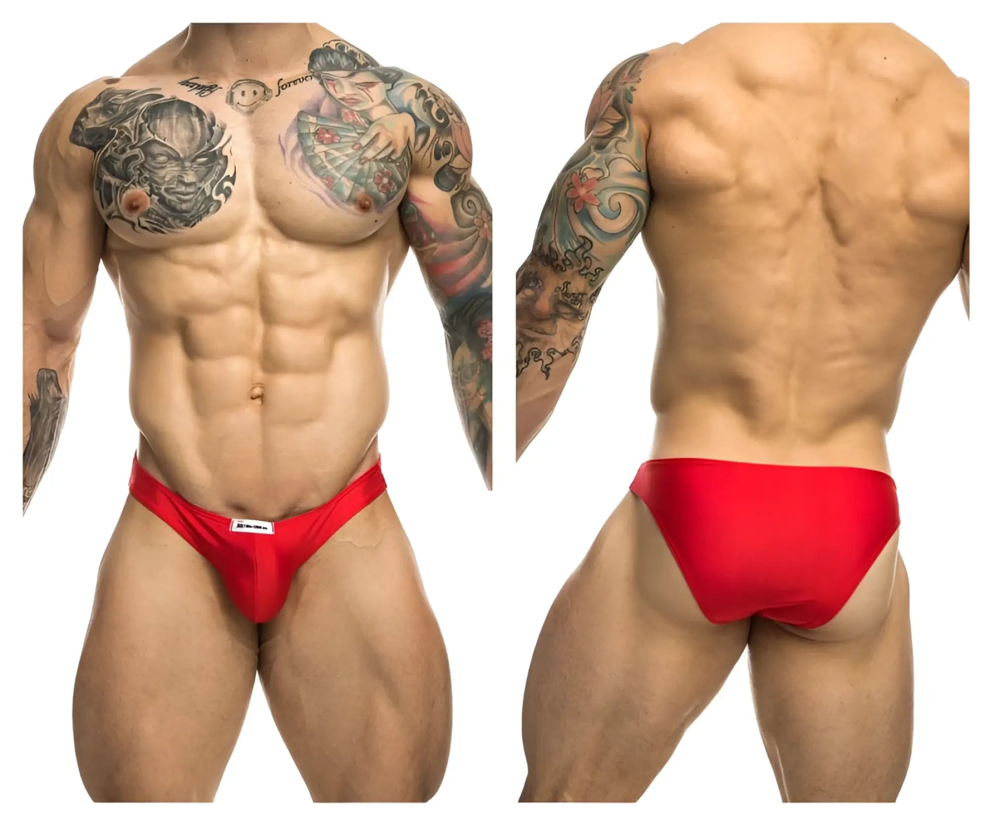Red justin simon xsj01 classic bikini briefs with white brand tag on waistband for athletic use