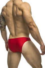 Red satin briefs justin simon xsj01 classic bikini style in vibrant red color with smooth satin material