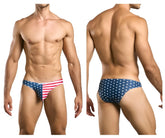 Back view of justin simon xsj01 classic bikini swim trunks with blue red usa flag pattern and white stars
