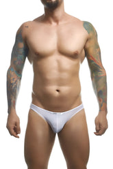 White men’s briefs with subtle logo on waistband in classic bikini style made of white mesh by justin simon