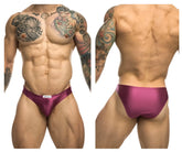 Purple satin briefs in wine color with a small white brand tag at the waistband from Justin Simon XSJ01 Classic Bikini
