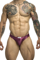 Purple satin briefs justin simon classic bikini color wine with white label at waistband visible on front side