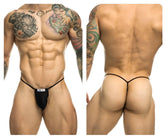 Black classic g-string bulge with thin elastic straps and small white label front by justin simon xsj02