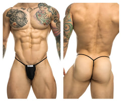 Black classic g-string bulge with thin elastic straps and small white label front by justin simon xsj02