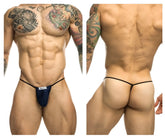 Navy blue classic g-string bulge brief with black elastic waistband and white Justin Simon brand label