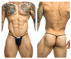 Navy blue classic g-string bulge brief with black elastic waistband and white Justin Simon brand label