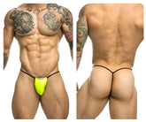 Neon yellow classic g-string with black elastic straps and white brand tag by justin simon xsj02 model