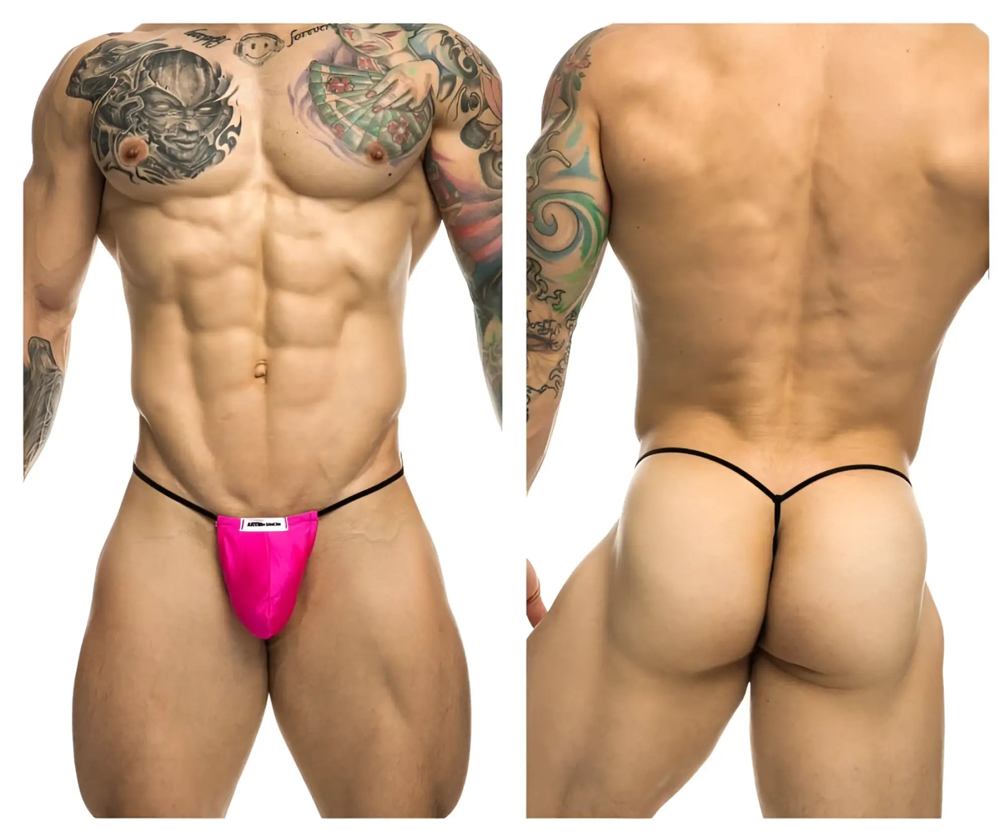 Justin simon xsj02 classic g-string in bright pink with black trim and a small white front label
