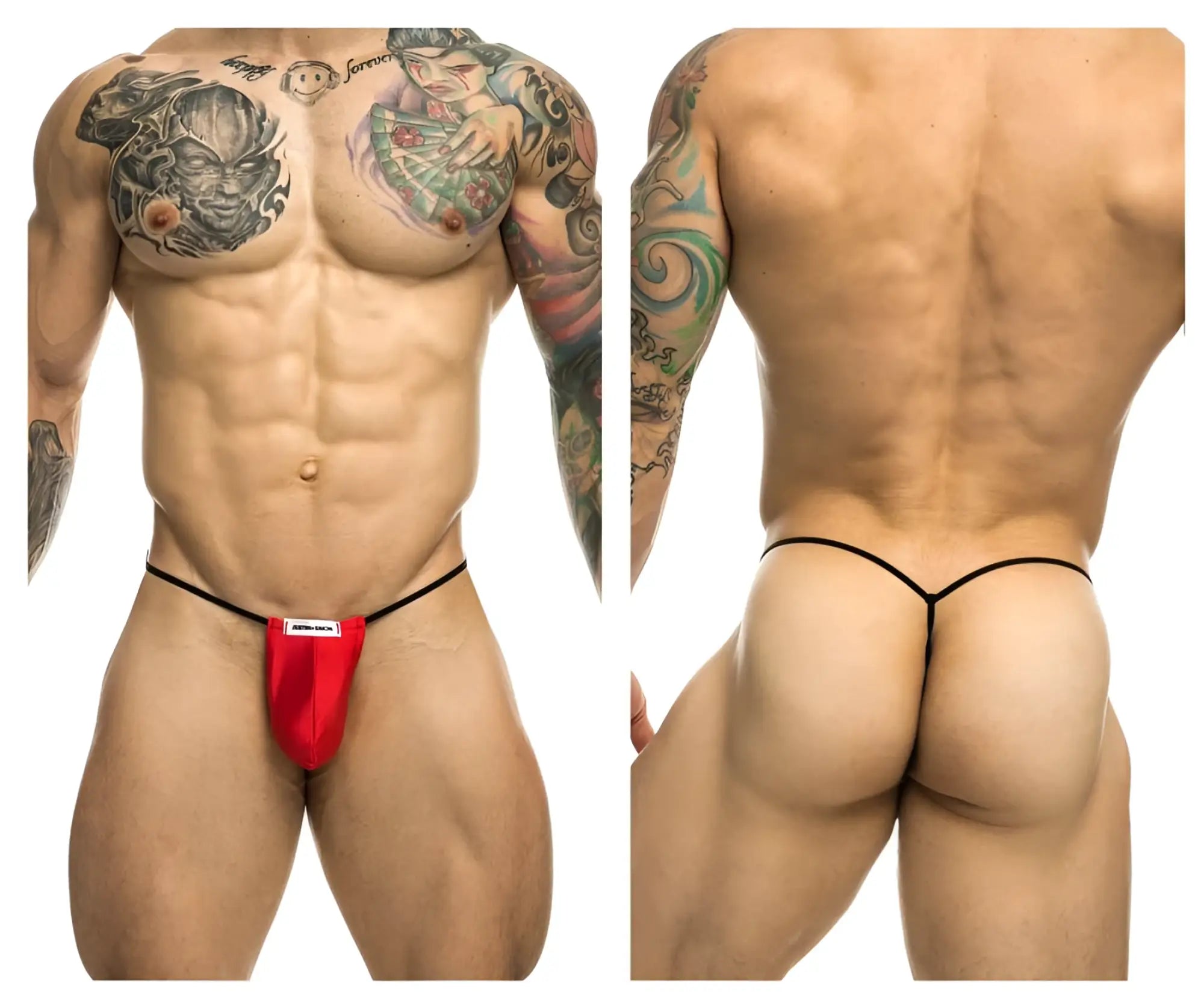 Red thong classic g-string bulge with black elastic straps by justin simon in color red shown from the back side