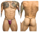 Justin+Simon xsj02 classic wine satin thong with black elastic trim and small white brand tag in front view
