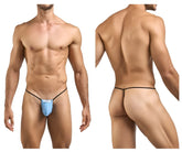 Light blue classic g-string thong with thin black elastic straps and small white justin simon logo on front