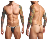Black mesh thong with thin elastic waistband and small white label front from justin simon xsj02 classic g string