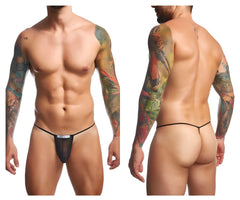 Black mesh thong with thin elastic waistband and small white label front from justin simon xsj02 classic g string