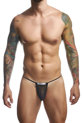 Black mesh classic g-string thong with white label at front by justin simon xsj02 in black mesh material