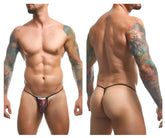 Black thong justin simon xsj02 classic g-string with vibrant red and blue floral pattern on the front