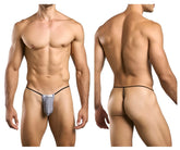 Silver mesh thong with black elastic waistband and leg straps for justinsimon xsj02 classic g-string lurex gray