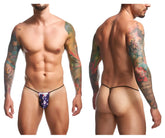 Blue patterned thong with black elastic waistband by justin simon xsj02 classic g-string color mexico view of back side