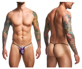 Purple patterned thong with black elastic waistband from justin simon xsj02 classic g-string color pride collection