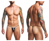 Black thong g-string by JUSTIN+SIMON with colorful floral pattern and thin elastic waistband in classic style