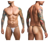 White mesh classic g-string thong with black trim and small front logo by justin simon xsj02 model