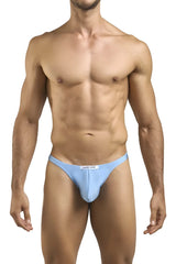 Light blue form-fitting briefs with a subtle justin simon brand tag at the waistband classic thongs xsj03 baby blue