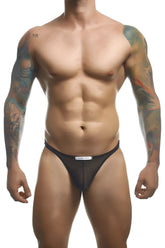 Justin+Simon xsj03 classic black sheer mesh briefs with a white label waistband shown from the back side