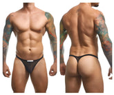 Justin simon classic thong in black mesh featuring a small white label at the front for a sleek look