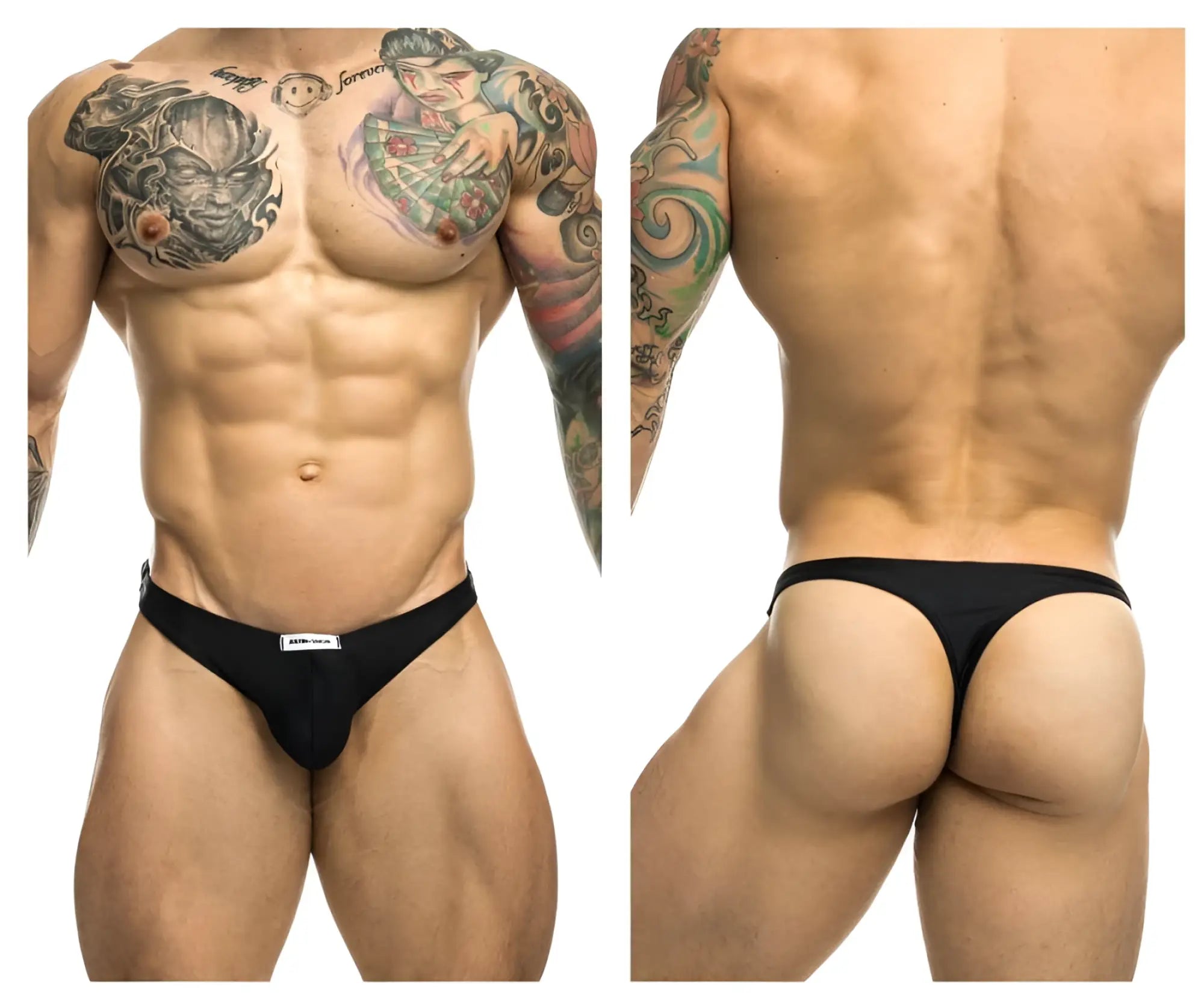 Black classic thong by justin simon with small white label on waistband shown from the back side