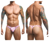 Pink patterned thong with bow and ribbon design in justin simon xsj03 classic thongs color coquette