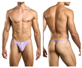 Lavender-colored form-fitting thong made of smooth fabric with subtle striped waistband from justin simon xsj03 collection