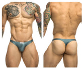 Teal metallic briefs with a white brand tag at the waistband in Justin+Simon XSJ03 classic thongs metal green
