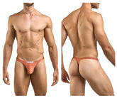 A sleek peach-colored ochre thong by JUSTIN SIMON with smooth fabric minimalist design and small white front label
