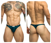 Teal-colored form-fitting JUSTIN SIMON XSJ03 classic thong with a small white label at the front in opal green