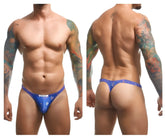 Blue patterned men’s thong with small white logo on front from justin simon xsj03 classic thongs color party collection