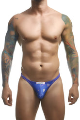 Blue patterned men’s briefs with white waistband label from justin simon xsj03 classic thongs color party collection