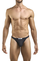Black form-fitting briefs with a white brand label on the waistband from justin simon xsj03 classic thongs peach black collection