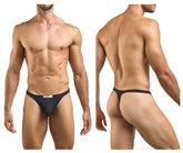 Black thong briefs with a white label at the front from Justin Simon XSJ03 classic thongs in peach black color