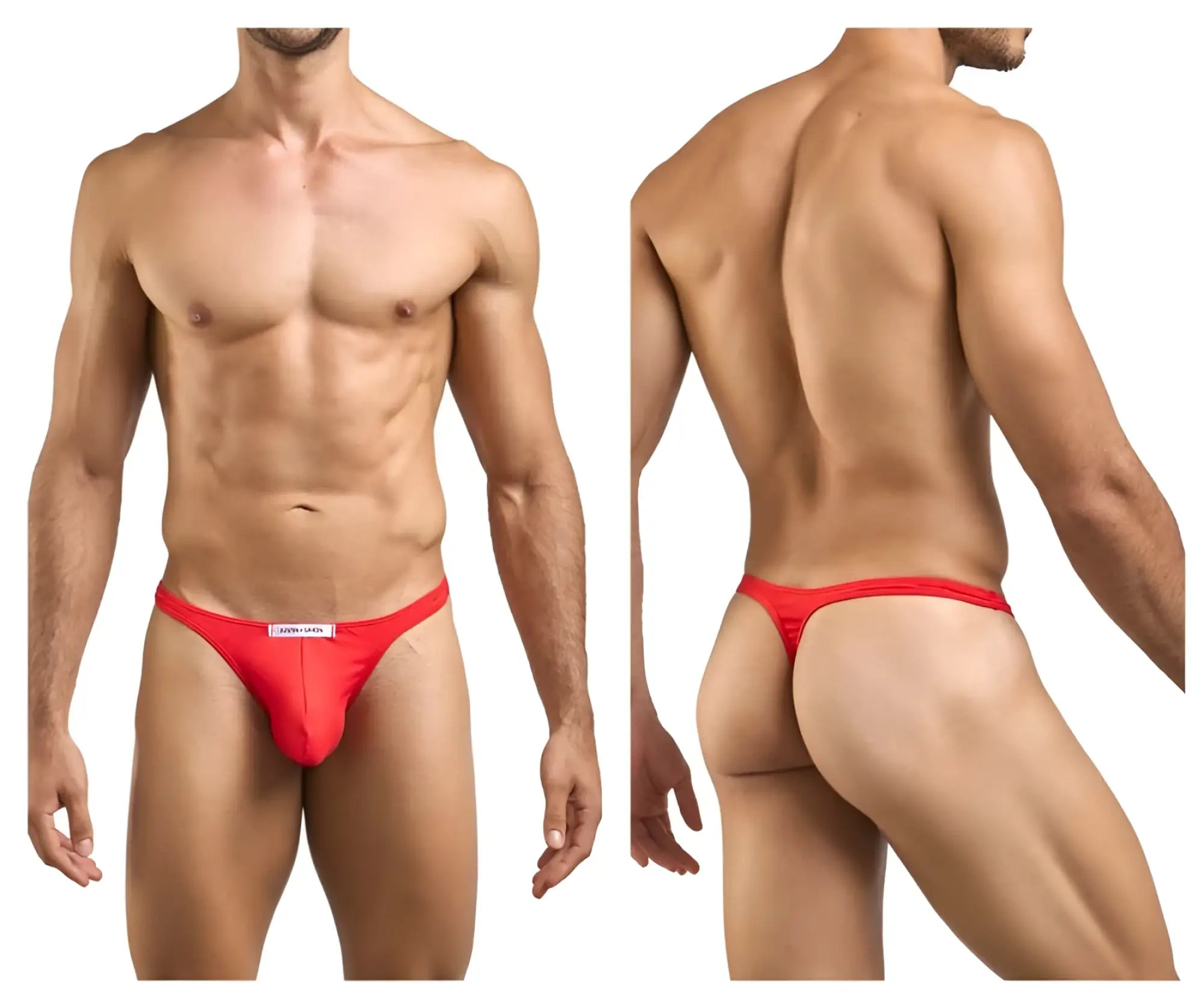 Justin simon xsj03 classic red thong with a white label at the front made of soft breathable fabric