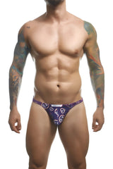 Purple patterned briefs with a repeating circular design featuring white text and graphics from JUSTIN SIMON XSJ03 Classic
