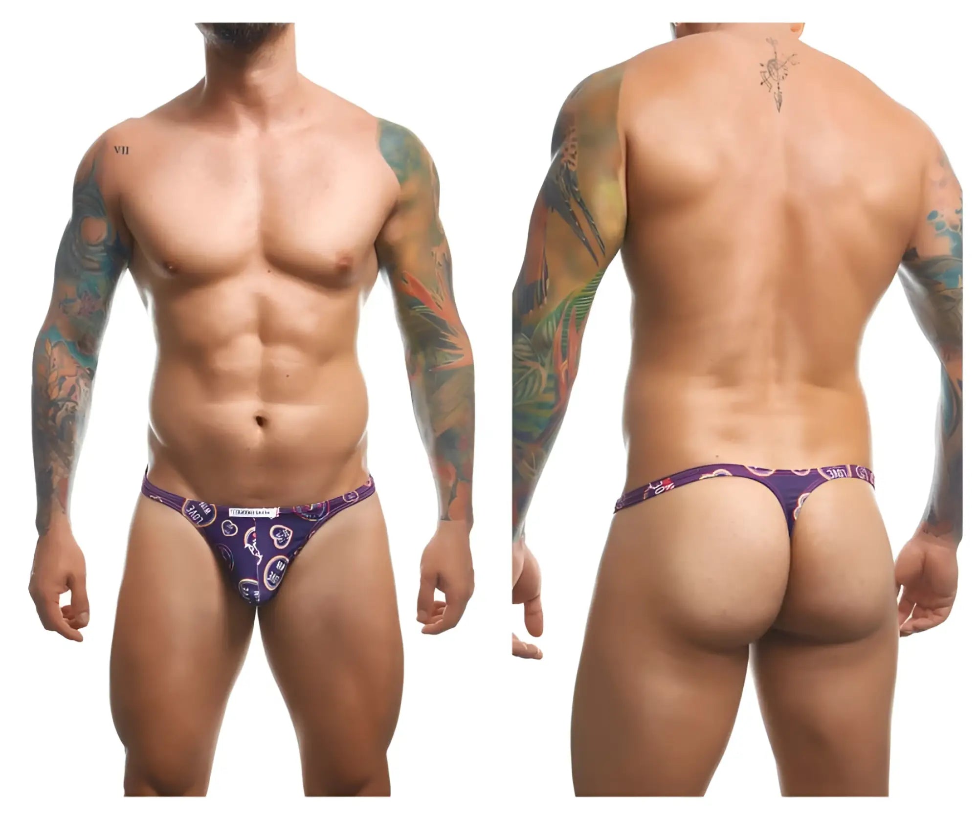 Purple patterned classic thong with white logo and design by justin simon from the color pride collection
