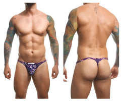 Purple patterned classic thong with white logo and design by justin simon from the color pride collection