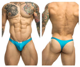 Bright turquoise blue athletic briefs with a small white brand tag on the waistband from JUSTIN SIMON XSJ03 classic thongs