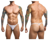 White mesh classic thong from JUSTIN SIMON with a subtle brand logo on the waistband shown from the back side