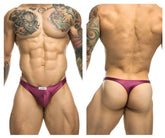 Purple satin classic briefs with small white brand tag at waistband in justin simon xsj03 wine color