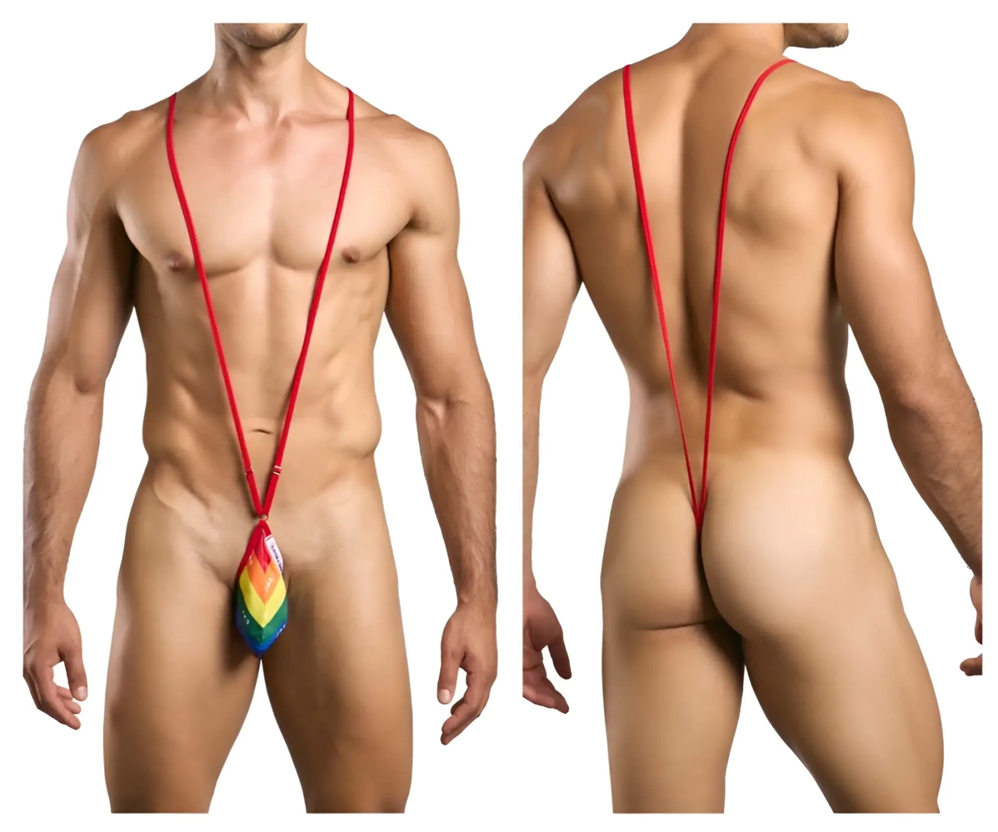 Red stringed men’s thong with rainbow color pride flag design featuring a triangular multi-hued front panel