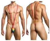 Red stringed men’s thong with rainbow color pride flag design featuring a triangular multi-hued front panel