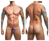 Pink stringed men’s thong with purple and blue patterned pouch front in justin simon xsj04 sling color pride design