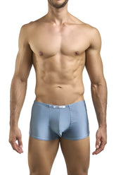 Light blue sleek-fitting mens boxer briefs with subtle sheen and metal green branded waistband by JUSTIN SIMON XSJ08