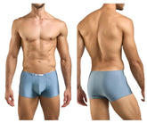 Light blue satin briefs with white brand tag at waistband from justin+simon xsj08 classic boxer metal green collection