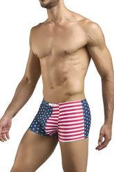 Justin simon xsj08 classic boxer briefs with american flag design featuring red white stripes and blue stars fabric